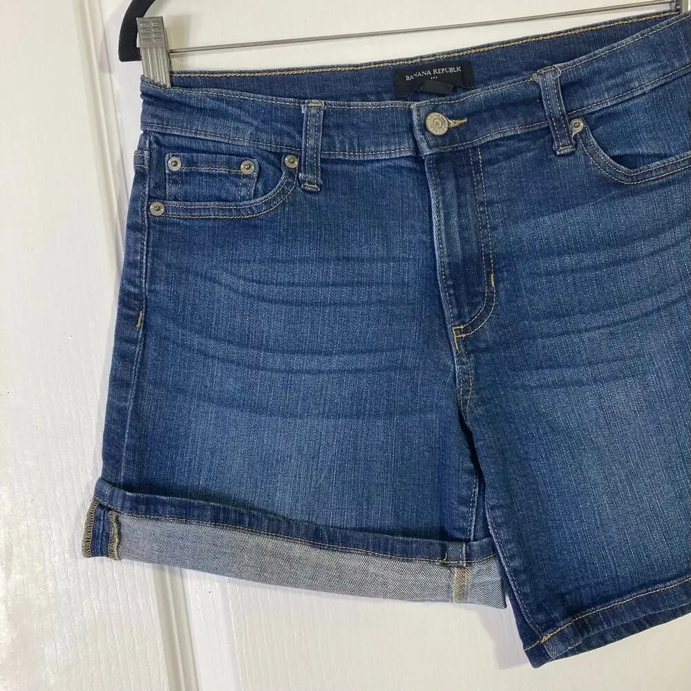 BANANA REPUBLIC Shorts Women 27/4 Blue Denim Dark-Wash Pocket Roll-Tab Chino